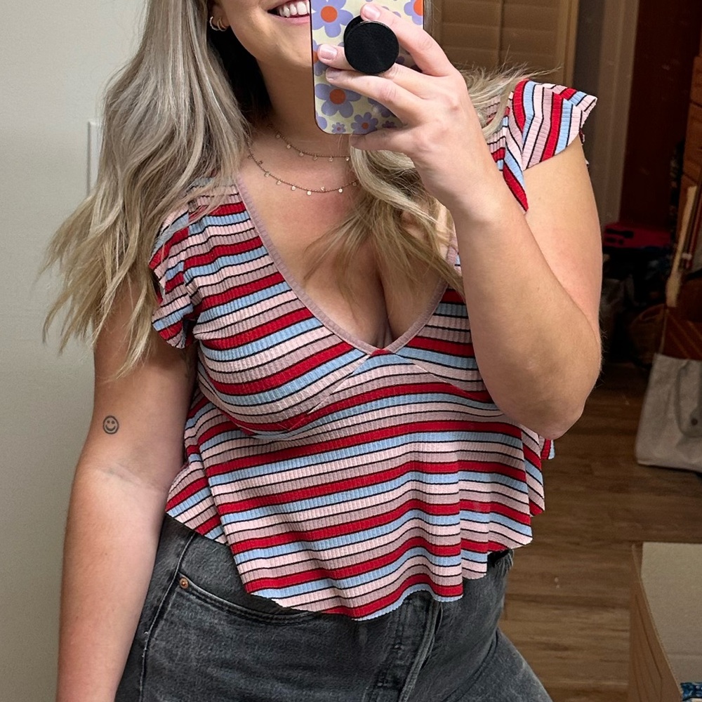 Striped V-Neck Ruffle Sleeve Top